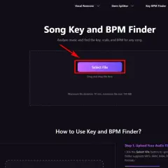 Narzędzie do analizy muzyki. Kliknij "Select File", aby znaleźć klucz, skalę i tempo utworu, np. 100 bpm.