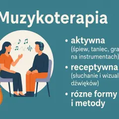 Muzykoterapia: aktywna (śpiew, taniec, gra) i receptywna (słuchanie). Ilustracja przedstawia sesję muzykoterapii z wiolonczelą.