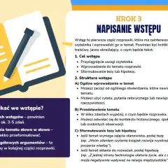 Ilustracja przedstawia otwartą książkę z ołówkiem, symbolizującą pisanie. Obok znajduje się tekst o tym, jak napisać dobry **intro** do rozprawki.