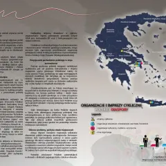 Mapa Grecji z zaznaczonymi regionami i miastami, gdzie działają polskie organizacje. Widać tu m.in. Ateny, Pireus, Kretę. Opisuje polskie **groupies** i ich aktywność.