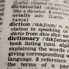Zbliżenie na stronę słownika z hasłem "dictionary" i jego definicją.