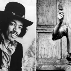 Jimi Hendrix i Kurt Cobain, ikony klubu 27, w czarno-białych portretach.