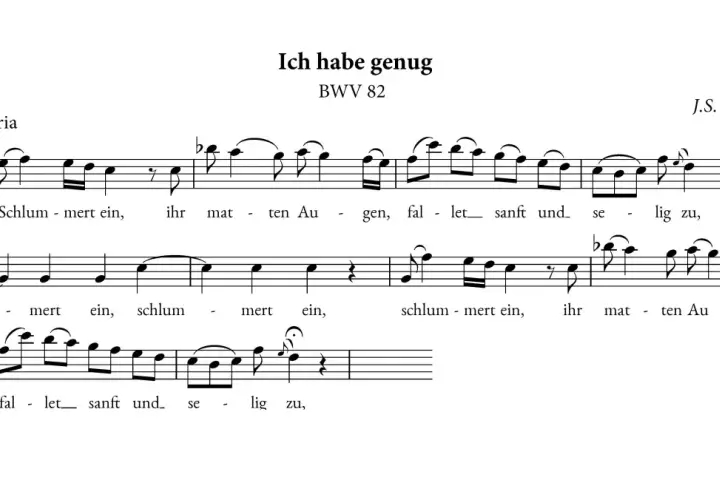 Fragment partytury z arii "Ich habe genug" BWV 82 J.S. Bacha. Widać tekst "Schlum-mert ein, ihr mat-ten Au-gen, fal-let sanft und se-lig zu". Tercet nut.