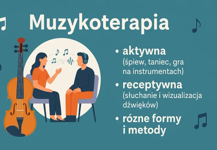 Muzykoterapia: aktywna (śpiew, taniec, gra) i receptywna (słuchanie). Ilustracja przedstawia sesję muzykoterapii z wiolonczelą.