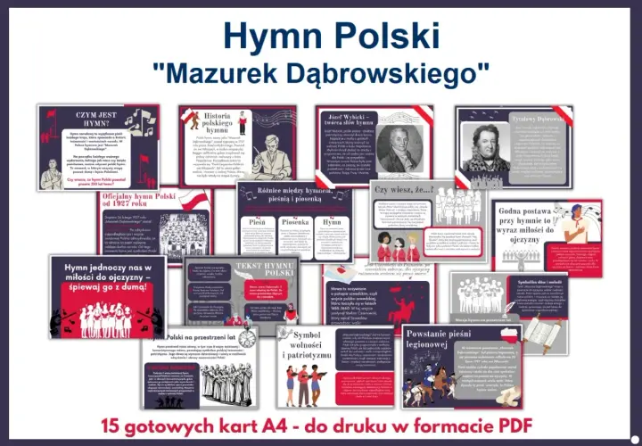 Hymn Polski "Mazurek Dąbrowskiego" – karty edukacyjne o historii, symbolice i tekście.