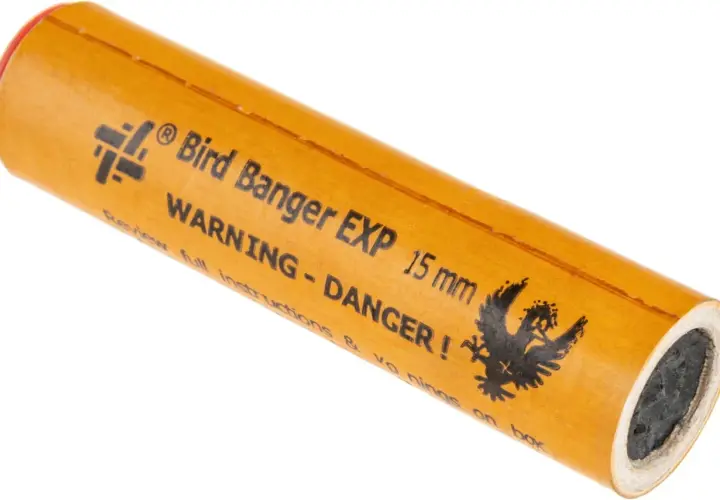 Pomarańczowy banger EXP 15 mm z napisem "WARNING-DANGER!". Używany do odstraszania ptaków, ale z nim trzeba uważać!