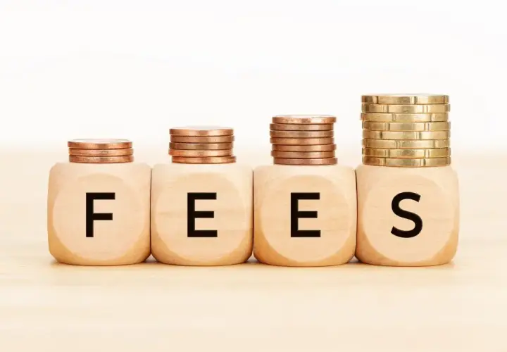 Cztery drewniane kostki z literami F, E, E, S tworzą napis FEES. Na każdej kostce stos monet, rosnący od lewej do prawej.