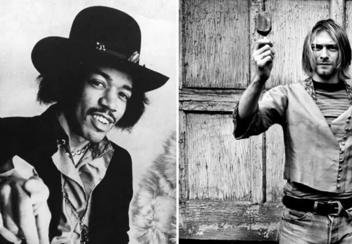 Jimi Hendrix i Kurt Cobain, ikony klubu 27, w czarno-białych portretach.