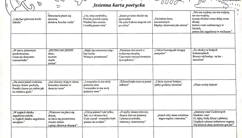 Ilustracja z parasolką, liśćmi i chmurami deszczowymi, towarzysząca karcie poetyckiej o jesieni.