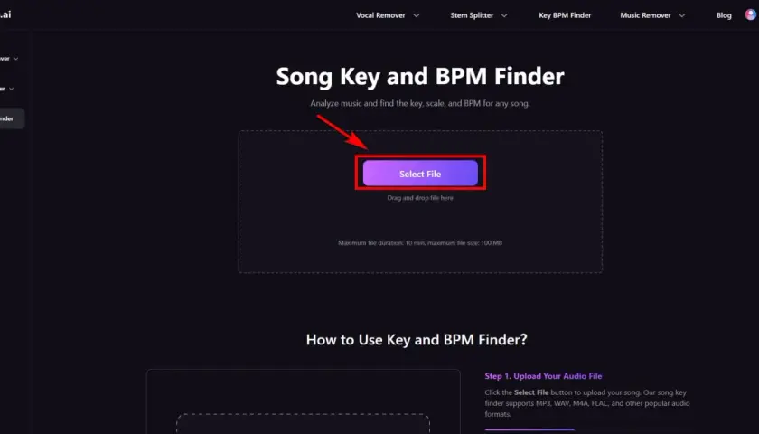 Narzędzie do analizy muzyki. Kliknij "Select File", aby znaleźć klucz, skalę i tempo utworu, np. 100 bpm.