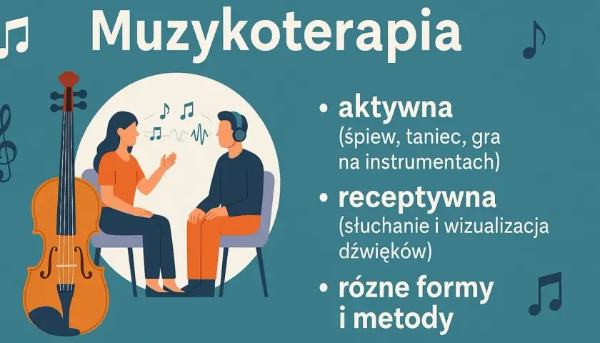 Muzykoterapia: aktywna (śpiew, taniec, gra) i receptywna (słuchanie). Ilustracja przedstawia sesję muzykoterapii z wiolonczelą.