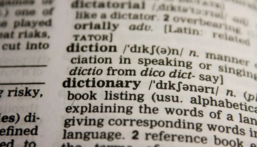 Zbliżenie na stronę słownika z hasłem "dictionary" i jego definicją.