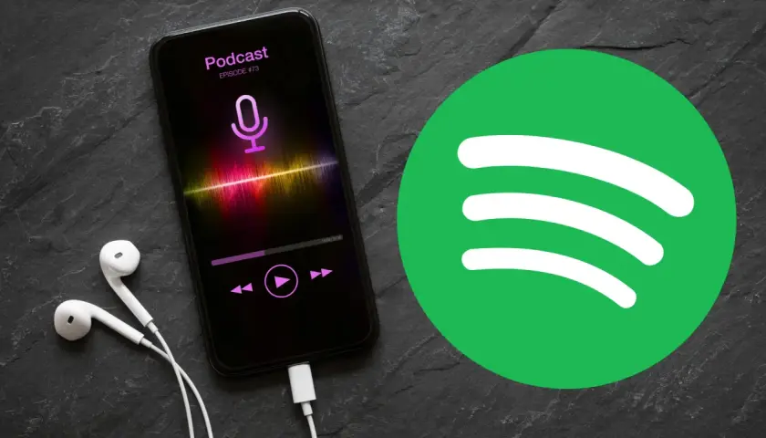 Słuchawki i smartfon z aplikacją do podcastów na tle logo Spotify. Idealny zestaw do słuchania ulubionych audycji.