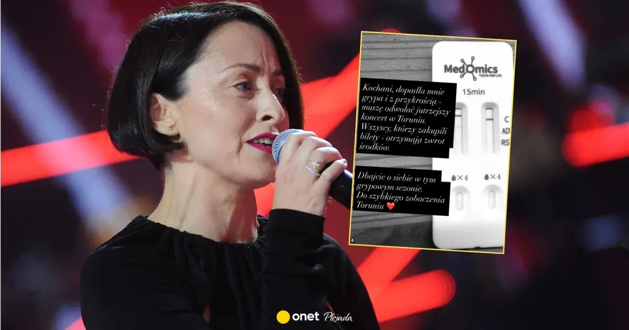 Natalia Przybysz odwołała koncert w Toruniu z powodu grypy. Na zdjęciu wokalistka z mikrofonem i testem medycznym.