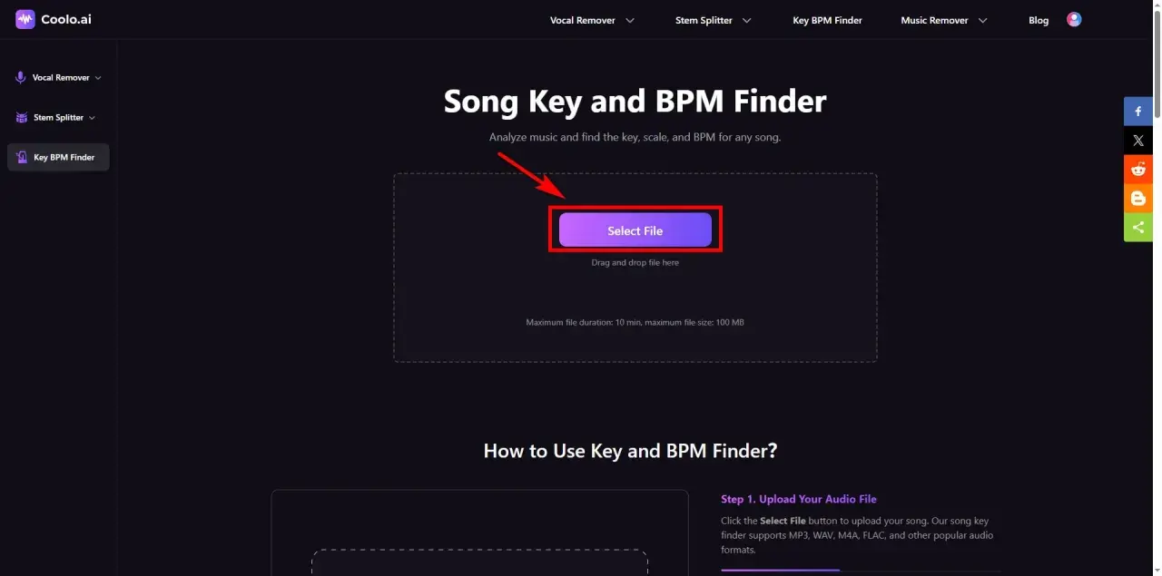 Narzędzie do analizy muzyki. Kliknij "Select File", aby znaleźć klucz, skalę i tempo utworu, np. 100 bpm.