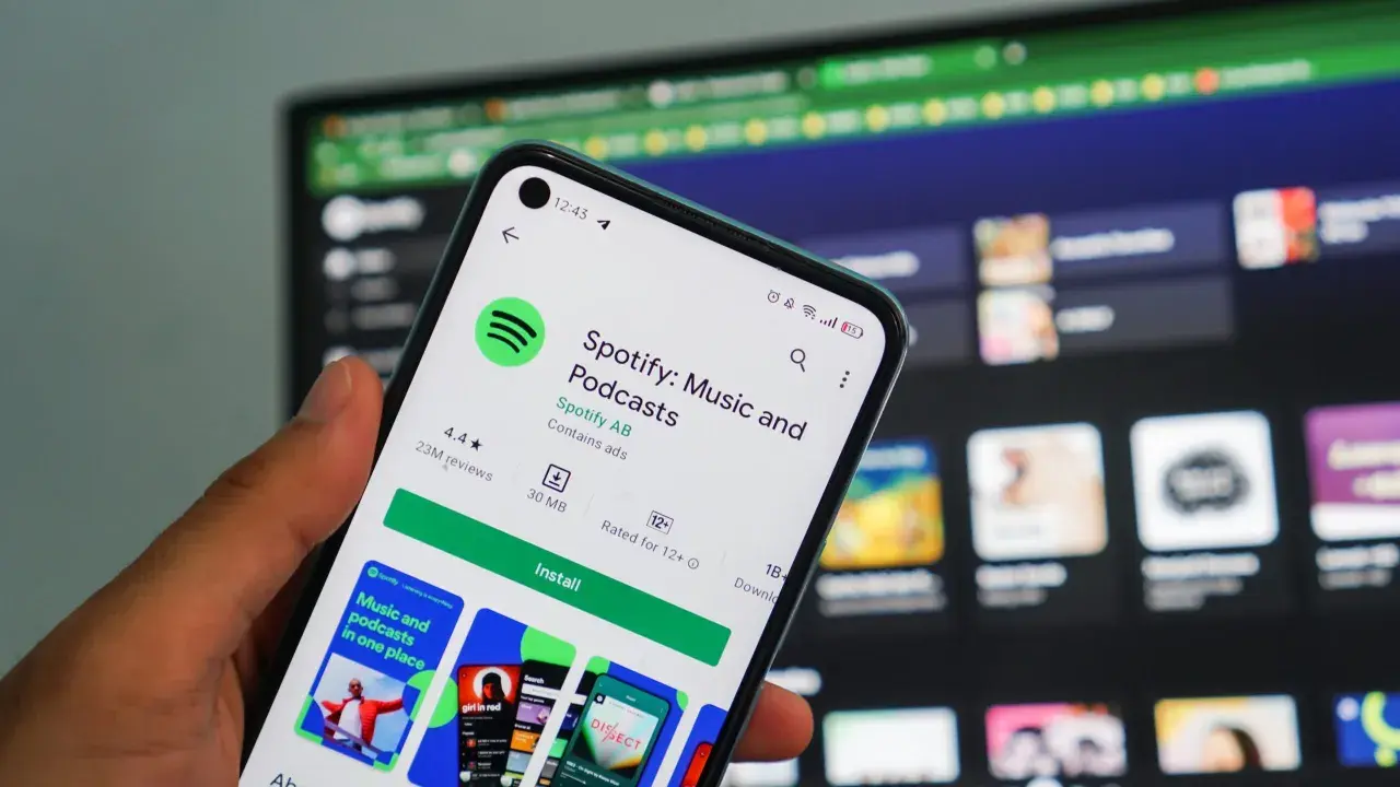 Dłoń trzyma smartfon z ekranem sklepu Google Play, gdzie widoczna jest strona aplikacji Spotify. To świetna okazja, by skorzystać z **spotify promocja** i pobrać ulubioną muzykę i podcasty.