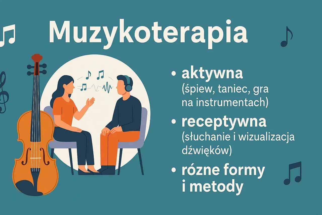 Muzykoterapia: aktywna (śpiew, taniec, gra) i receptywna (słuchanie). Ilustracja przedstawia sesję muzykoterapii z wiolonczelą.