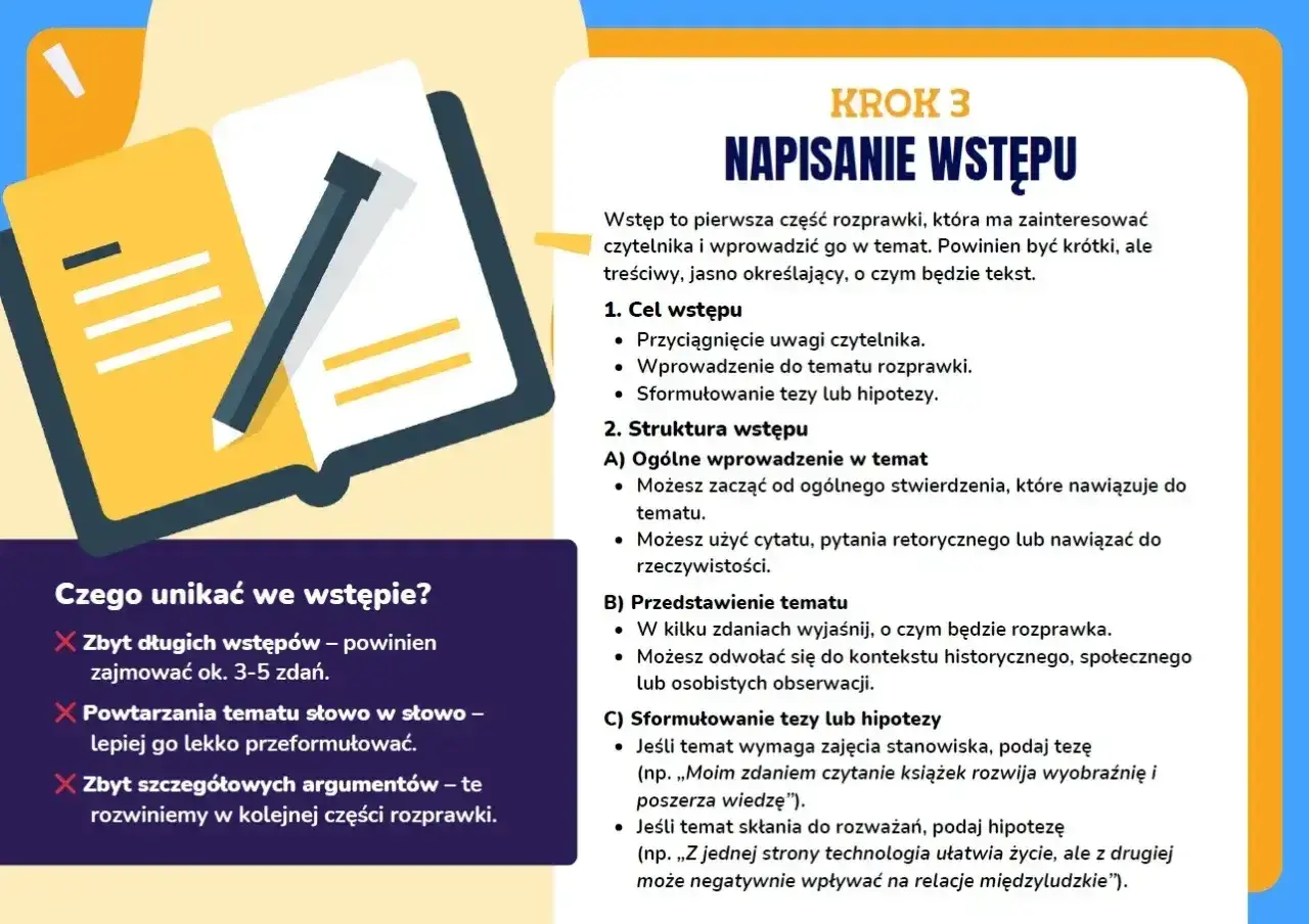 Ilustracja przedstawia otwartą książkę z ołówkiem, symbolizującą pisanie. Obok znajduje się tekst o tym, jak napisać dobry **intro** do rozprawki.