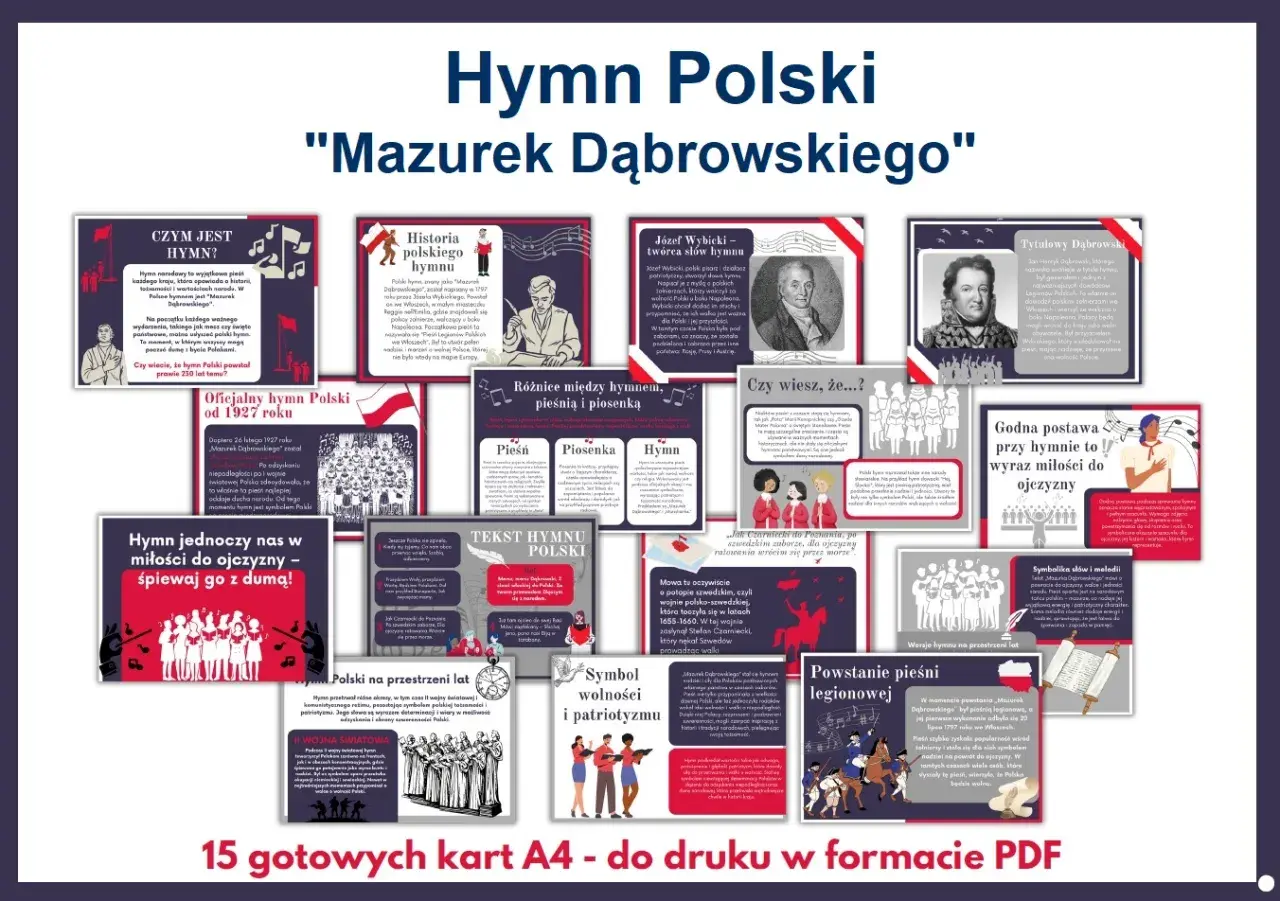 Hymn Polski "Mazurek Dąbrowskiego" – karty edukacyjne o historii, symbolice i tekście.
