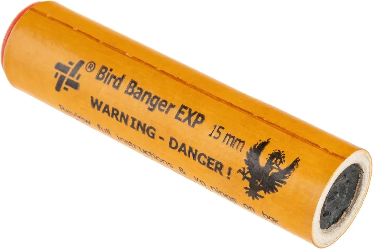 Pomarańczowy banger EXP 15 mm z napisem "WARNING-DANGER!". Używany do odstraszania ptaków, ale z nim trzeba uważać!