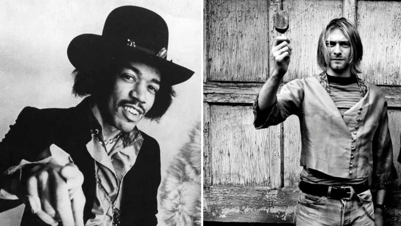 Jimi Hendrix i Kurt Cobain, ikony klubu 27, w czarno-białych portretach.