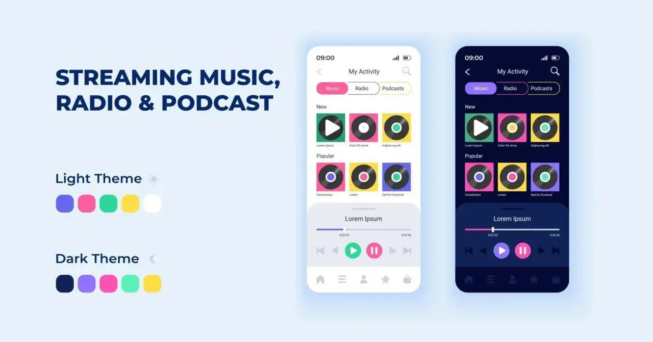 Aplikacja do streamingu muzyki, radia i podcastów. Widok jasnego i ciemnego motywu z przykładowymi okładkami.