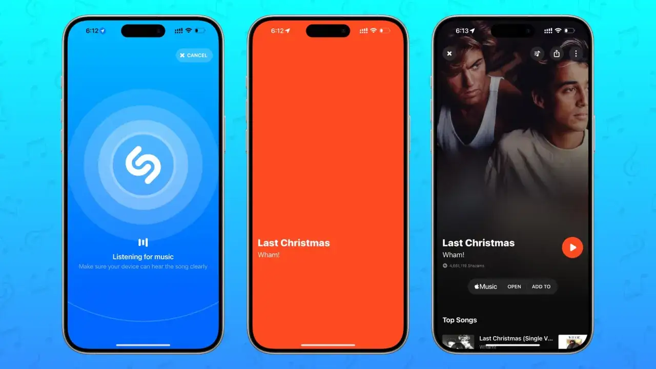 Aplikacja Shazam ułatwia rozpoznawanie muzyki. Na ekranie widać proces identyfikacji utworu