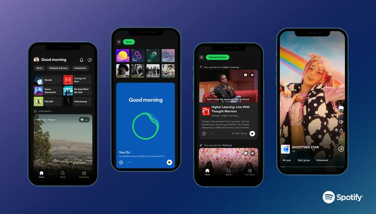 Cztery ekrany telefonu pokazują, spotify co to jest: muzykę, podcasty i teledyski.